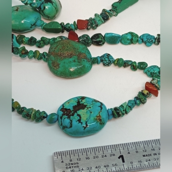 * vintage gorgeous extra long turquoise w/agate chips & 925 clasp necklace - Picture 3 of 5